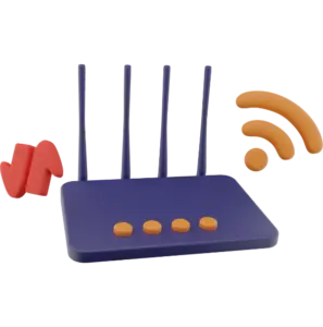 3D animated graphic of a purple wi-fi router with an orange signal