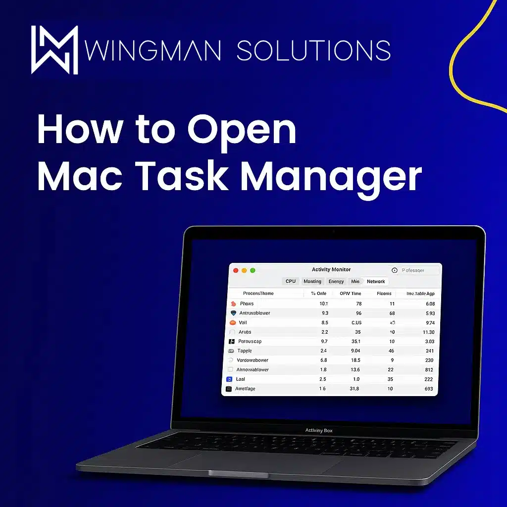 Blog 5 How to open Mac task manager title card written in white font with the Wingman Solutions logo above next to a MacBook Pro