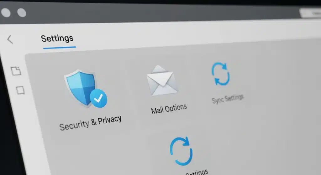 A close-up image of a computer screen showing Security and Privacy, Mail Options, and Sync Settings icons in an email settings menu.