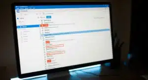 A photo of a computer monitor displaying the Outlook inbox with several emails marked as Junk in the Junk folder.