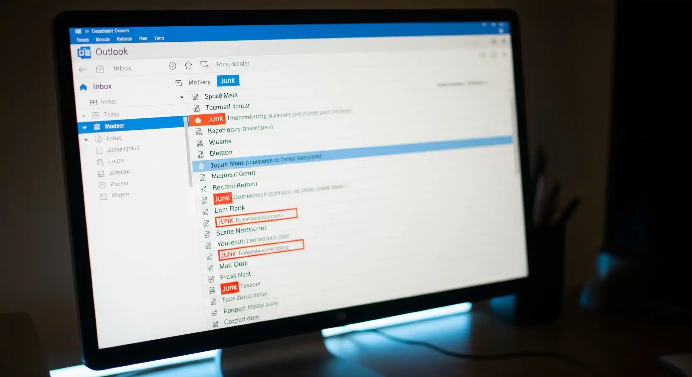 A photo of a computer monitor displaying the Outlook inbox with several emails marked as Junk in the Junk folder.