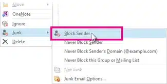 A screenshot of the Outlook menu showing the Junk dropdown with the Block Sender option highlighted.