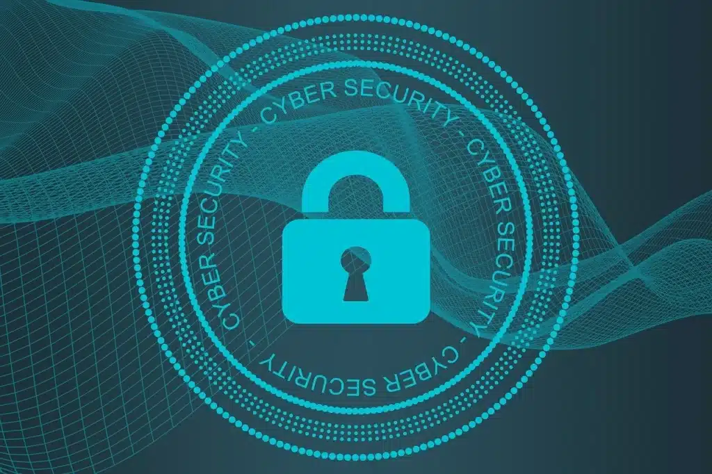An illustration of a lock and the phrase cyber security written in a circle