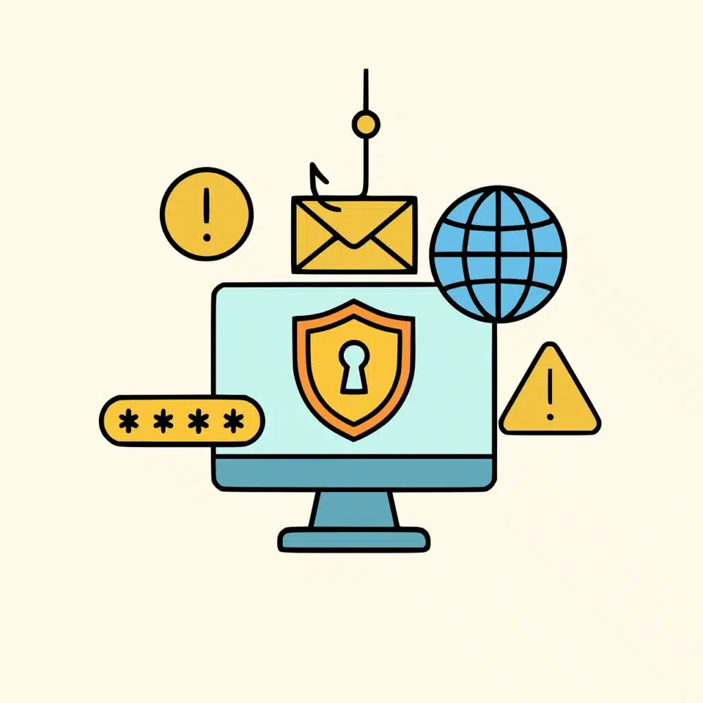 An illustration of a monitor screen with a keyhole a password and a phishing email for types of security