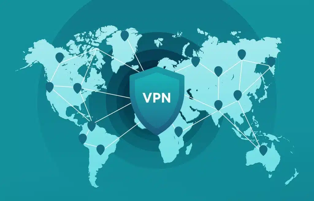 An illustration of the world map with a shield saying VPN for types of security