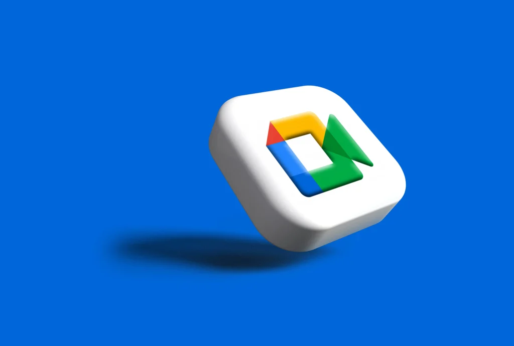 3D animated Google Meet app hovering above a blue backdrop