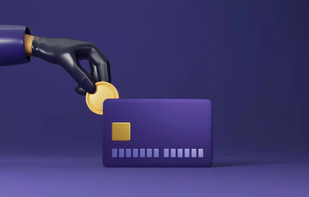 3D animation of a black gloved hand taking a gold coin out of a purple credit card