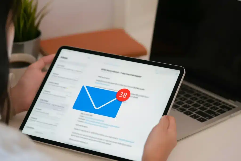 How Can I Backup My Outlook Emails? - Woman holding tablet with Outlook mail logo above