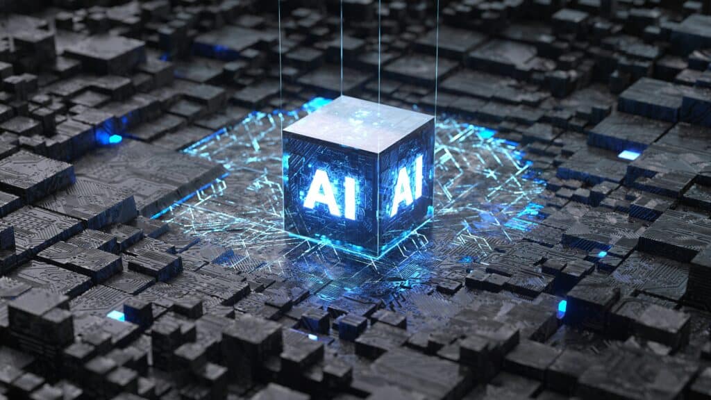 AI consultant for small business - Blue lit AI block on black motherboard
