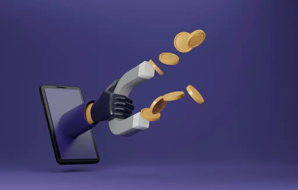 Black hand reaching out of phone with magnet pulling in coins