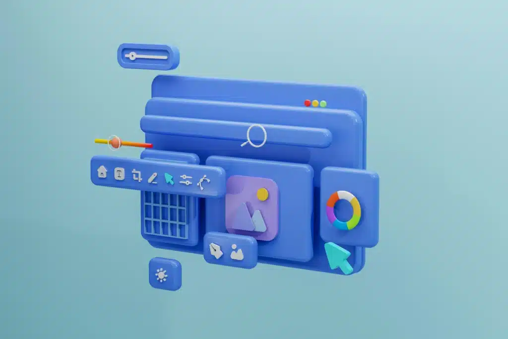 Illustration of blue internet window with digital tools and icons layered over top on a sky blue backdrop