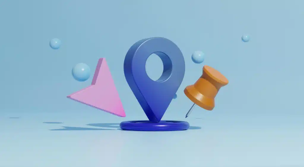 Illustration of blue map icon next to pink arrow and orange pin on sky blue backdrop with blue bubbles