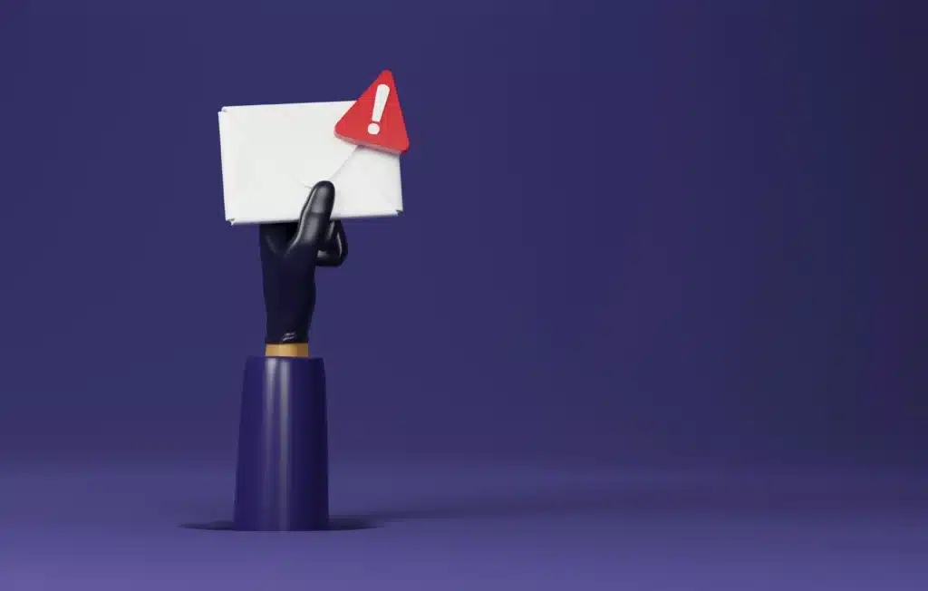 Illustration of email with red exclamation point in black hand reaching out of purple hole