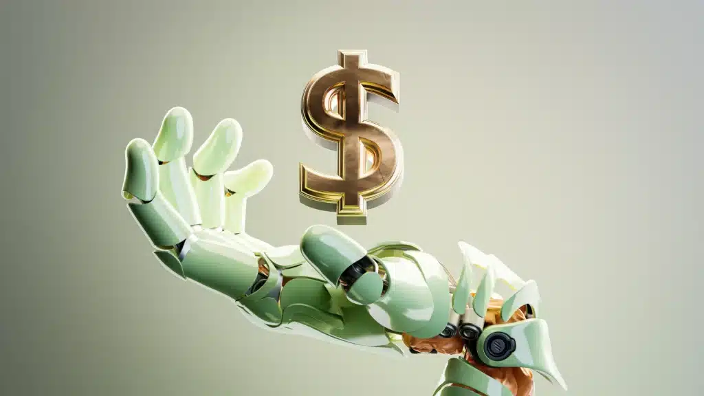 Illustration of green robot hand holding gold dollar sign