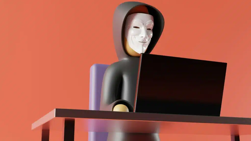 Illustration of man in white mask typing on black laptop at desk