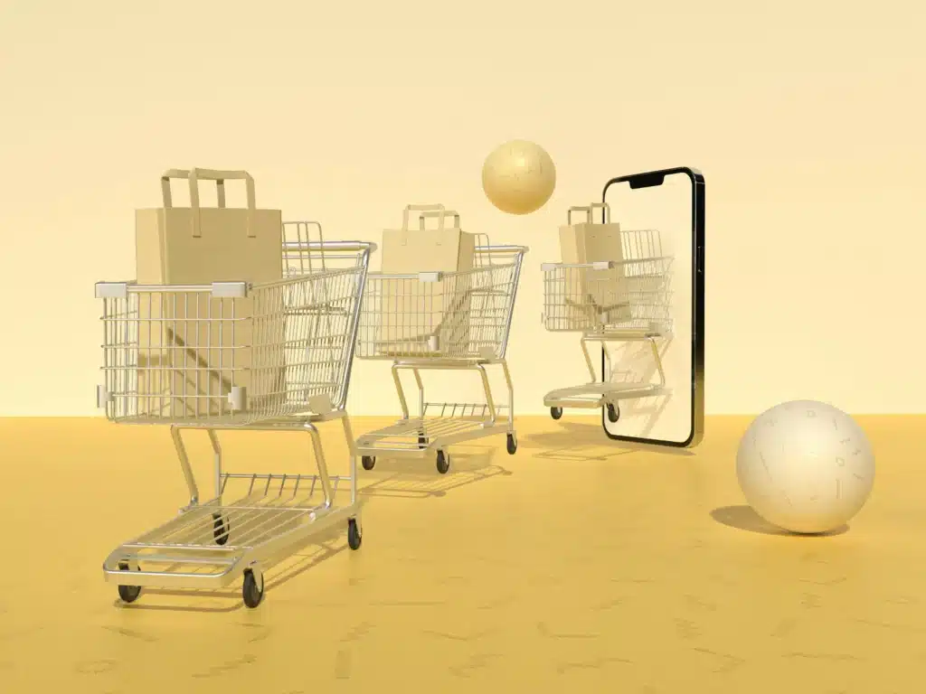 Illustration of shopping carts with paper bags rolling out of iphone screen next to yellow balls on a yellow backdrop