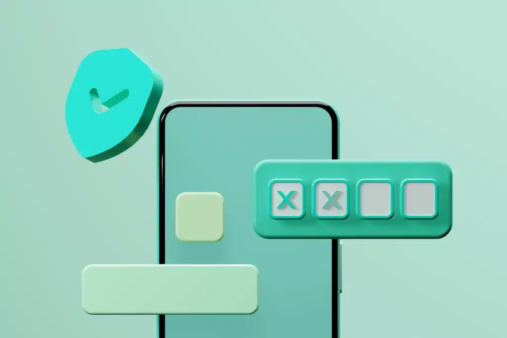 Mint green illustration of iphone next to floating shield with a checkmark and boxes