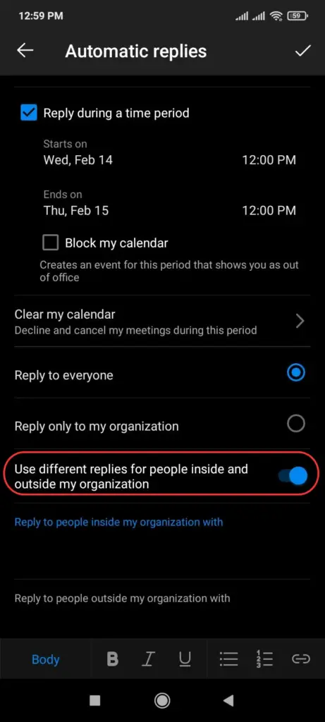 set up out of office message outlook mobile step 7