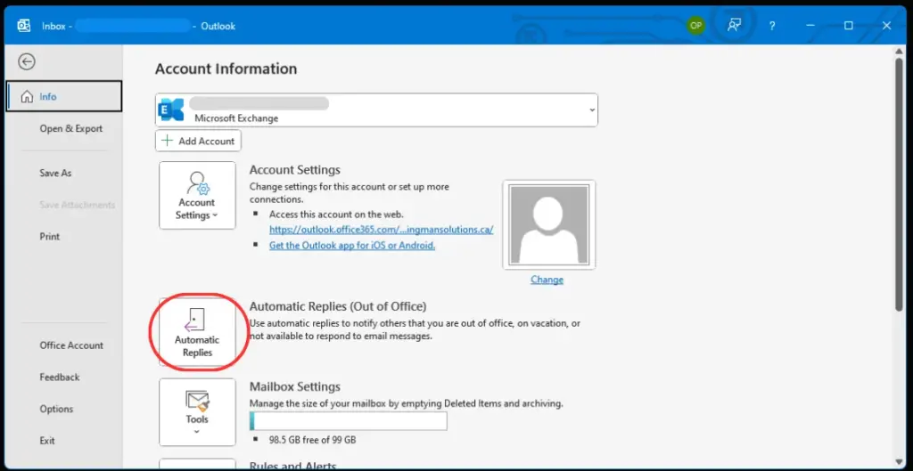 out of office message outlook app step 2