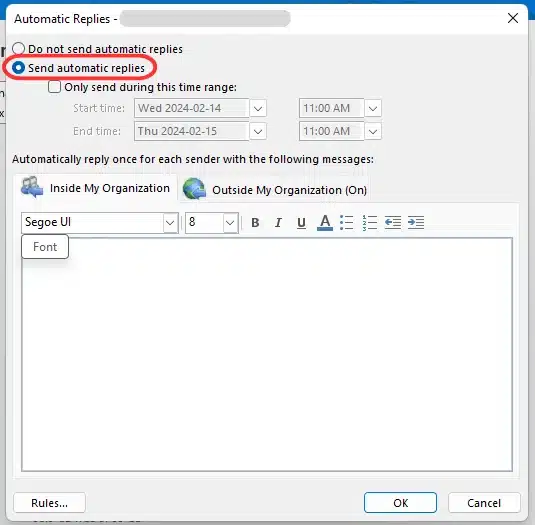out of office message outlook app step 3