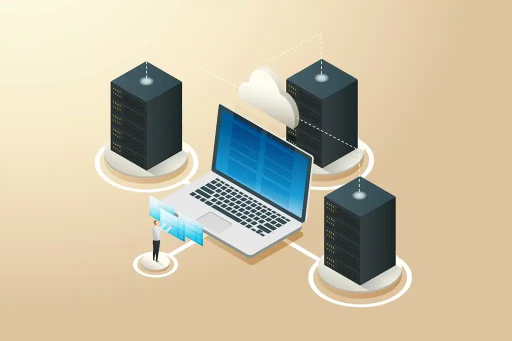 What is Sage software? - Illustration of Macbook surrounded by black desktop towers with man using control panels